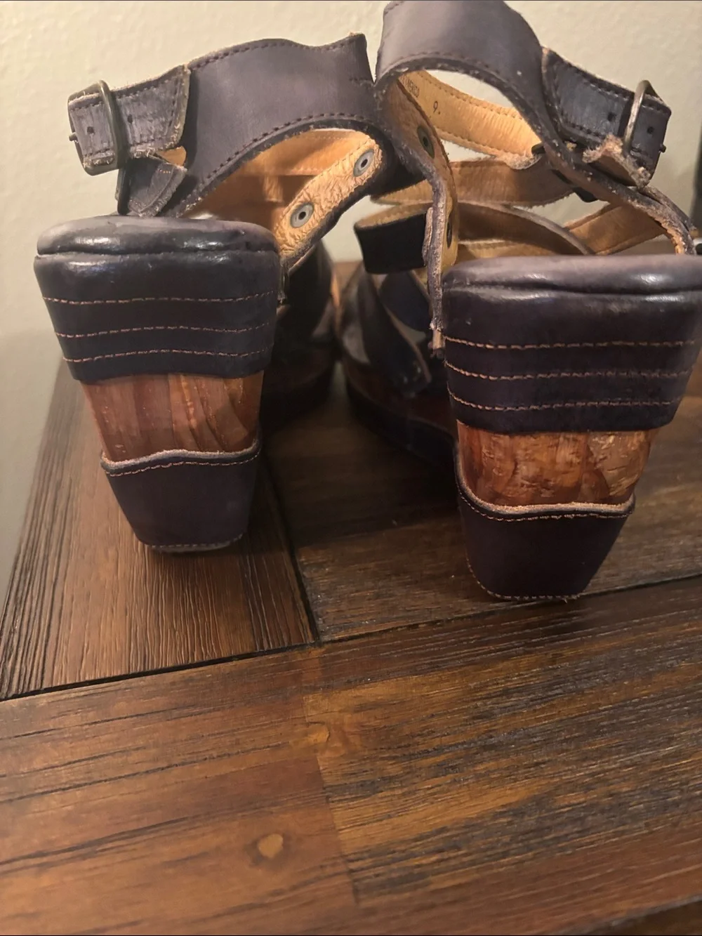 BED|STU Dark Navy Leather Strappy Wedge Sandals